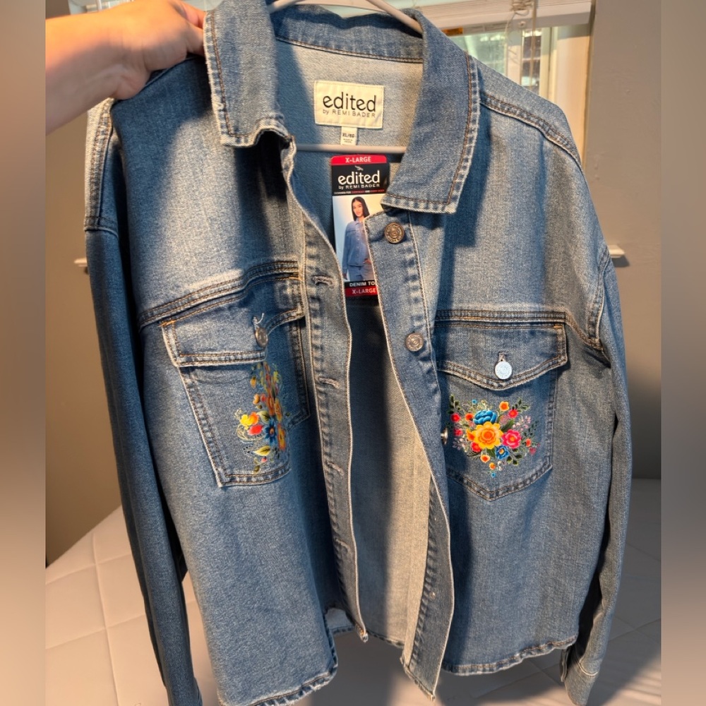 Edited Blue Jean Jacket with Floral Embroidery
